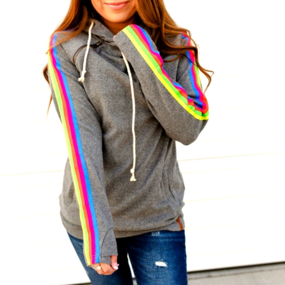 Ampersand doublehood sweatshirt- Full of life colorful rainbow stripes sz Large